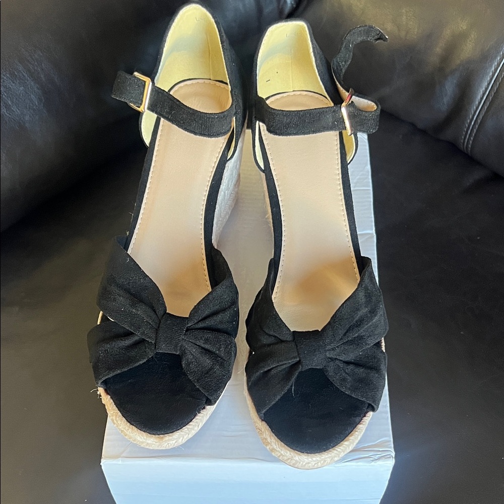 Black Women's Bow Espadrille Wedge Sandals